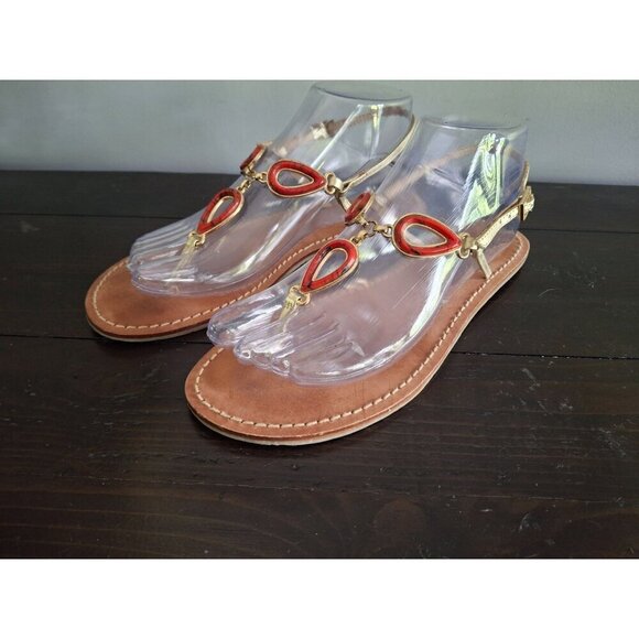 EUC Yellow Box Leather Sandals with Gold Straps and Red Teardrop Embellishments/ - Picture 3 of 9